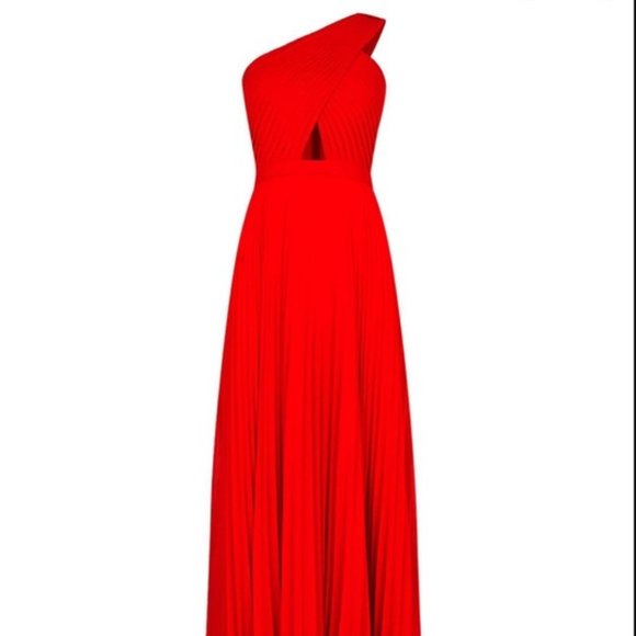 BCBG MAXAZRIA Red Gwendolyn One Shoulder Pleated Gown 0 - Picture 3 of 5